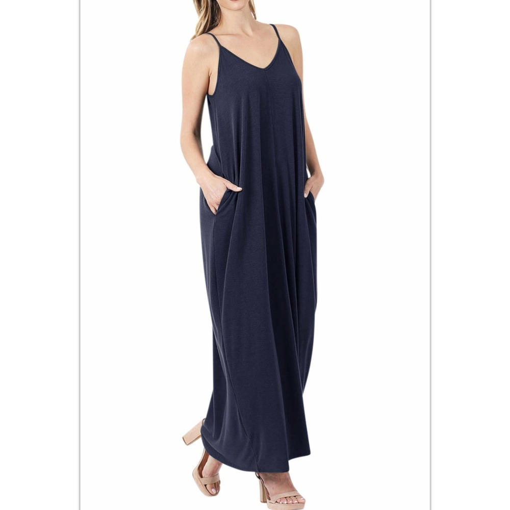 Zenana Premium Plus Navy V-Neck Maxi Cami Dress